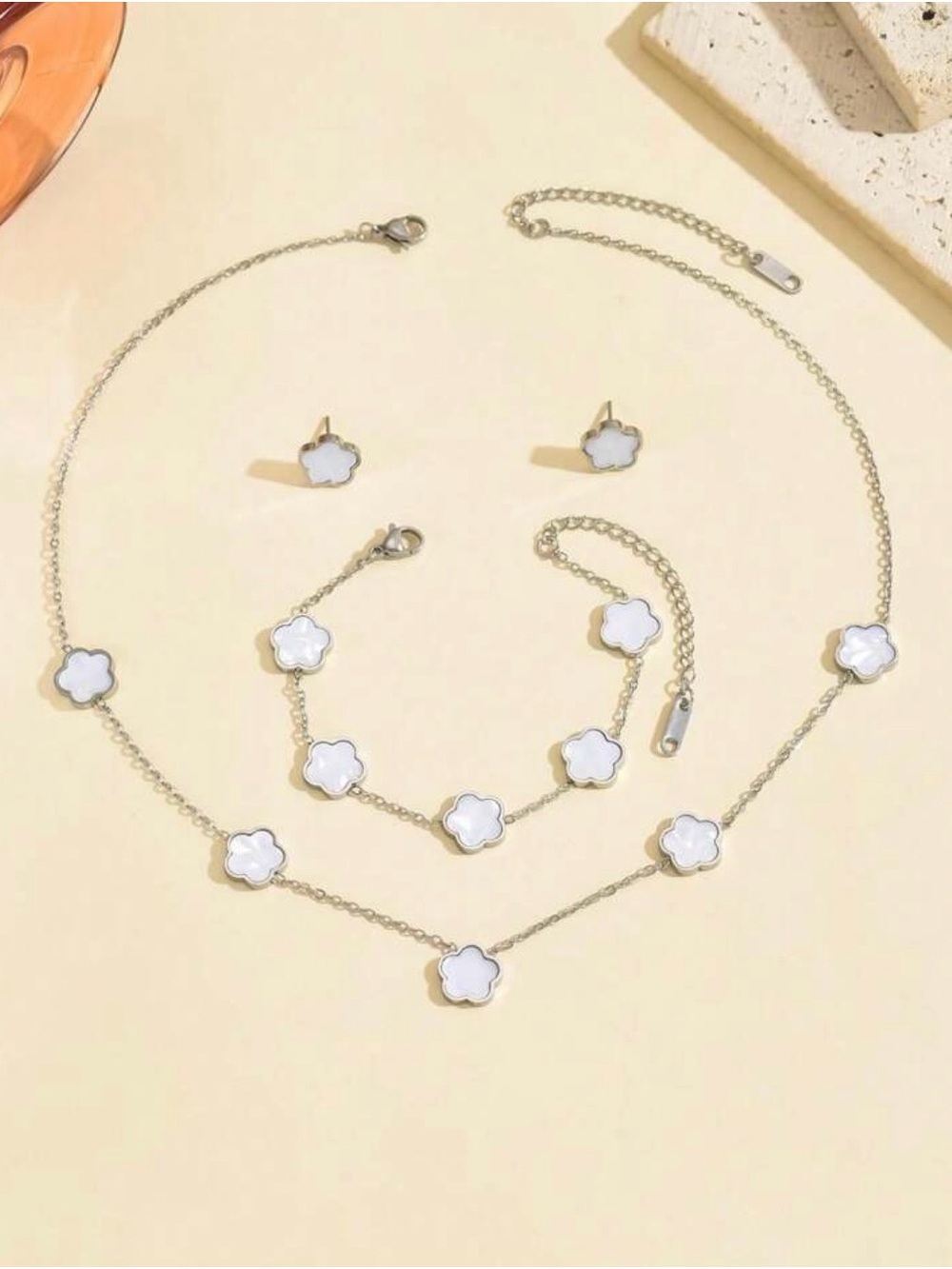 White Clover Flower Necklace, earring’s Bracelet Set - Women's Jewelry - Picture 2 of 2